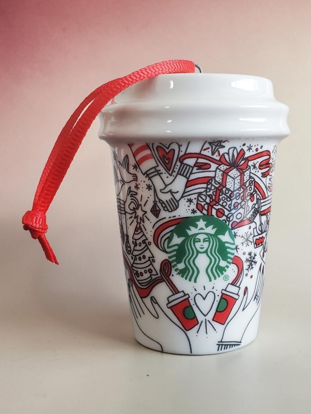 Starbucks 2017 Holiday Ceramic Coffee Cup Ornament White Red "Give Good"